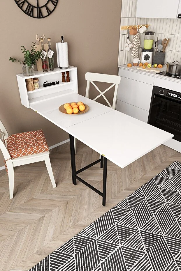 Duvara Monte Siyah Ayaklı Pratik Katlanır Kırma Mutfak ve Beyaz Yemek Masası